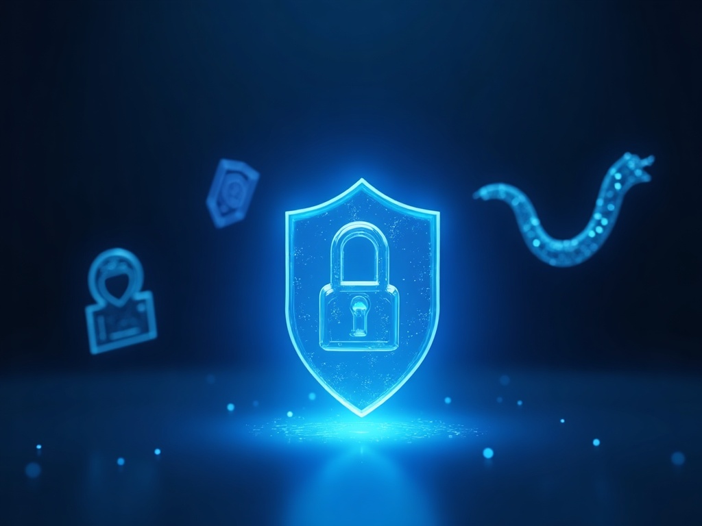 Scudo cristallino blu che difende da tre minacce AI — sicurezza agenti