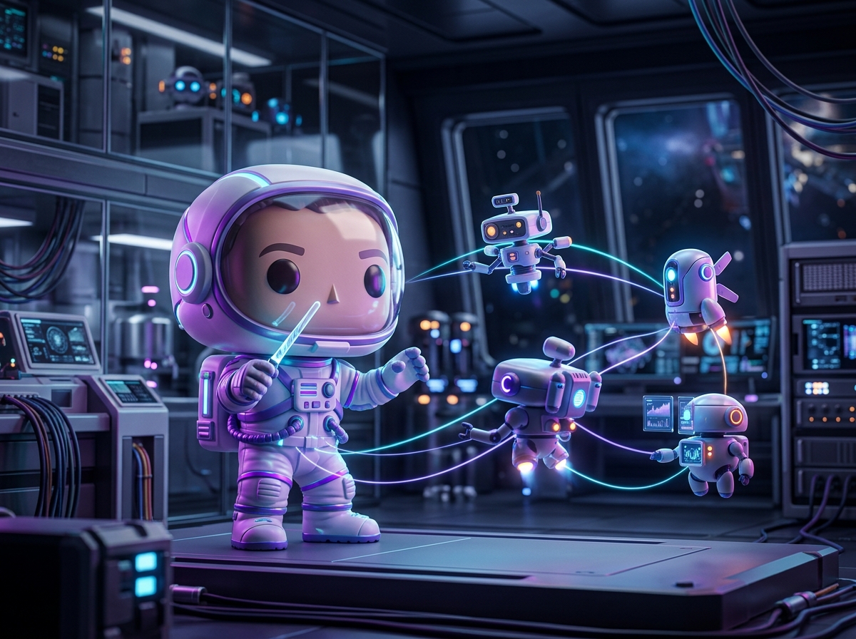 Astronauta Funko Pop che orchestra modelli AI specializzati