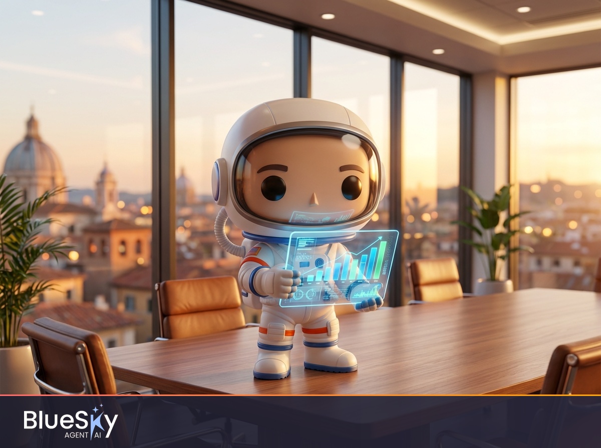 Astronauta chibi 3D Funko Pop con tablet olografico in boardroom italiana - Report Deloitte 2026 AI