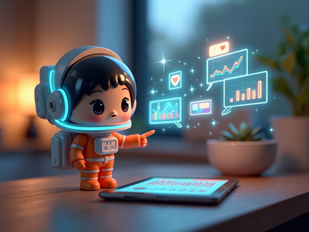 Astronauta Funko Pop chibi arancione con schermi olografici di marketing e grafici su scrivania moderna