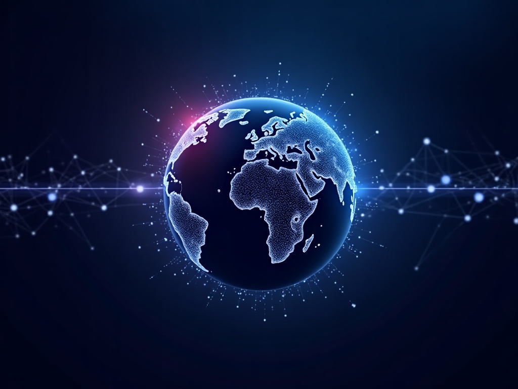 Globo stilizzato con connessioni digitali interrotte su sfondo navy, rappresentazione del rischio geopolitico nell'AI
