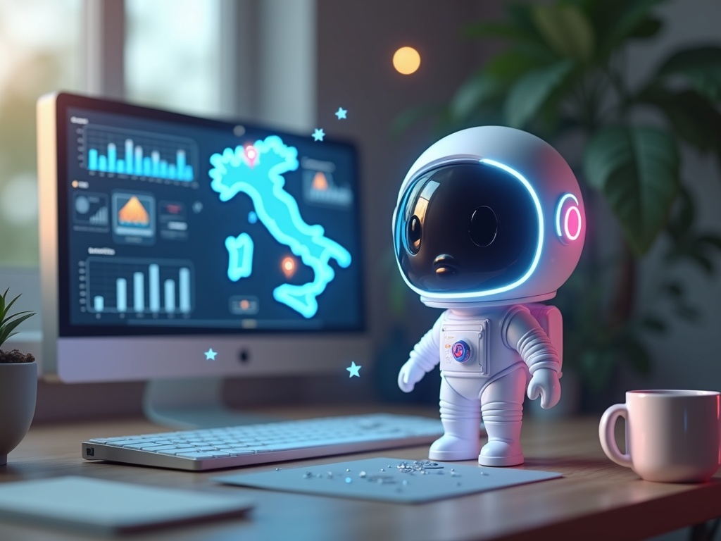 Astronauta cartoon rosa che osserva una mappa olografica dell'Italia con icone di fabbriche e uffici su una scrivania