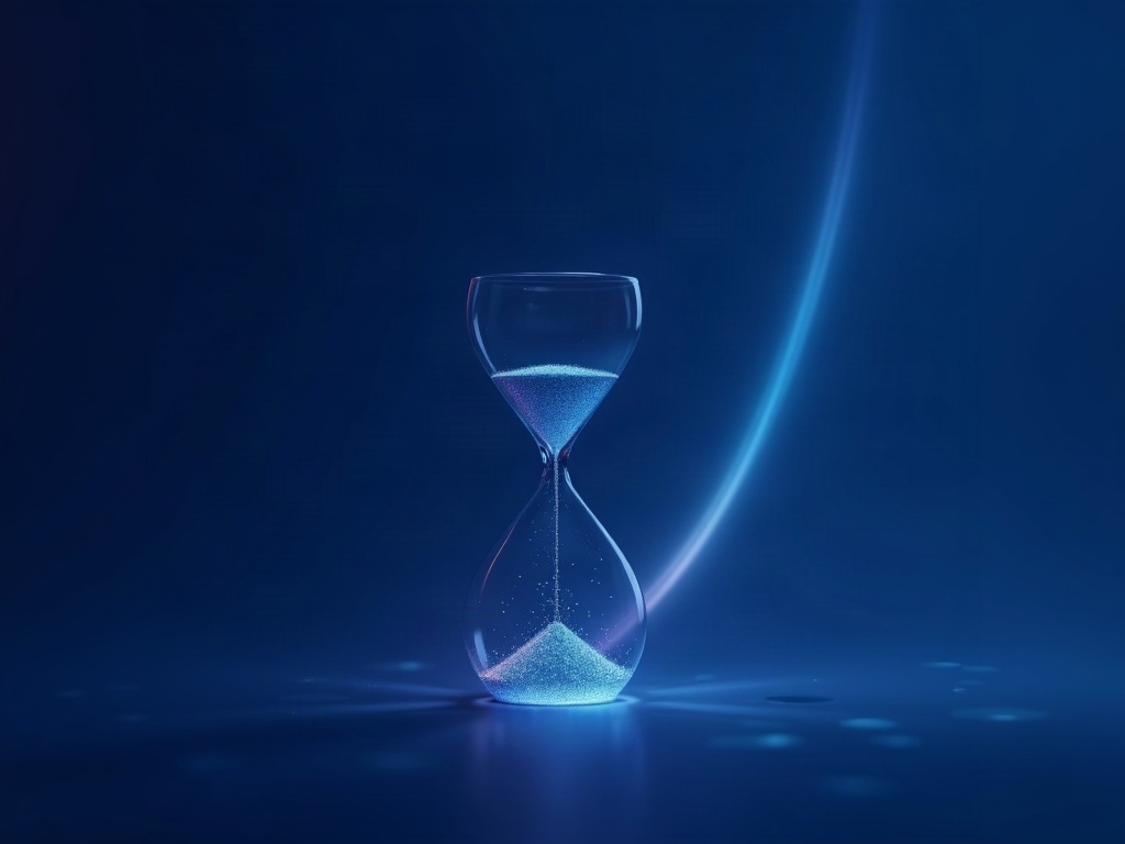 Clessidra in vetro su sfondo navy con una curva di particelle luminose che sale: il tempo che si trasforma in valore