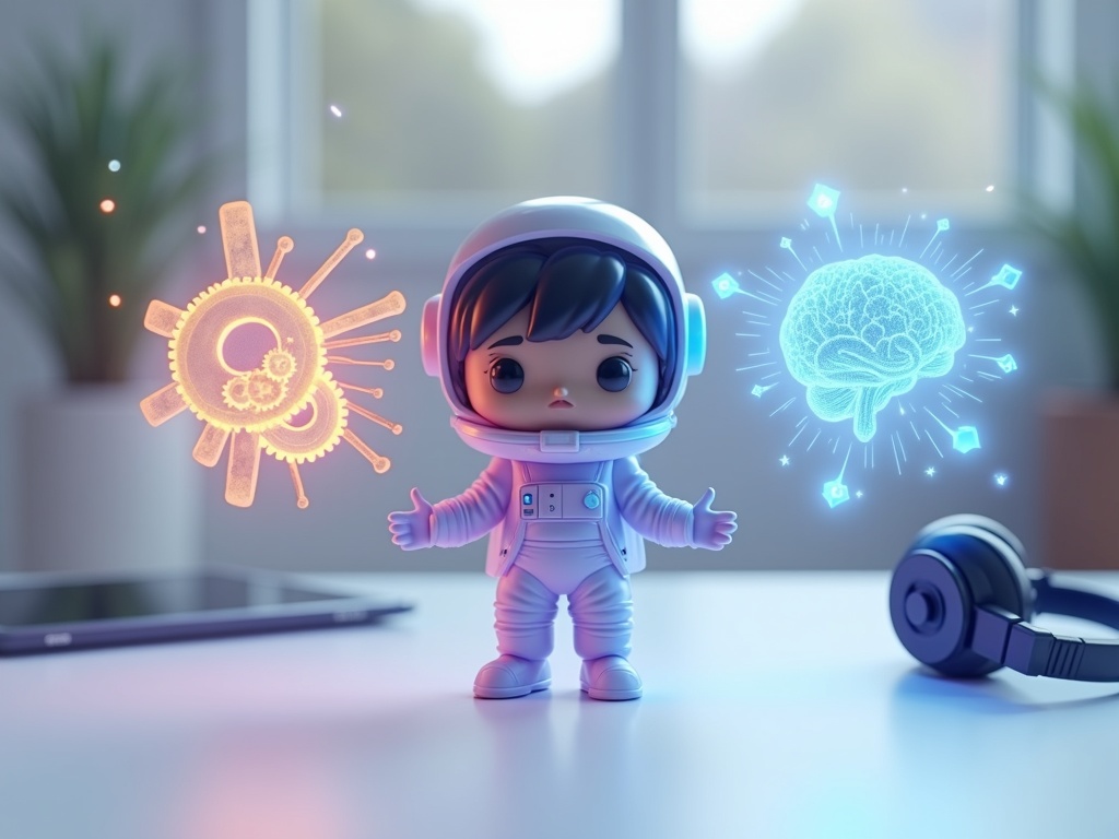 Astronauta Funko Pop chibi che bilancia ingranaggi RPA e rete neurale AI agentica su scrivania moderna