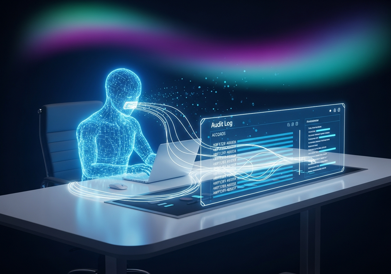 Illustrazione editoriale: un agente AI digitale traslucido collegato a un pannello di controllo con log delle attività, palette blu navy e accento aurora