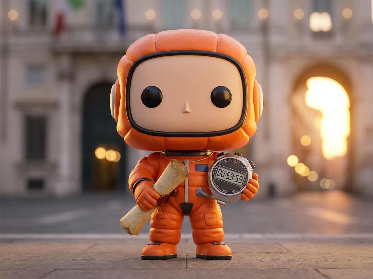 Astronauta Funko Pop con documento EU e conto alla rovescia - AI Act e fondi MIMIT 2026