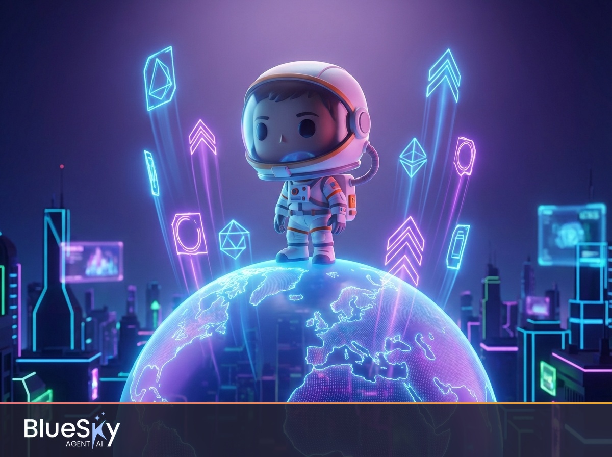 Astronauta chibi 3D Funko Pop su globo con icone neon di crescita mercato agenti AI 2026