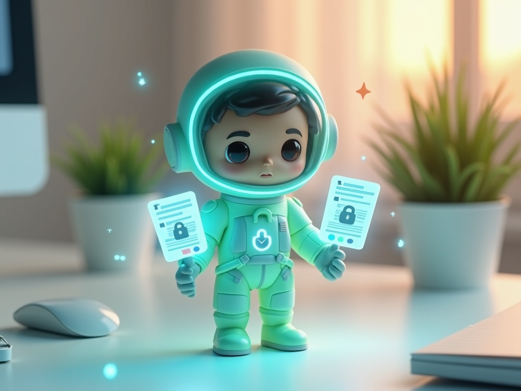 Astronauta cartoon verde menta che tiene uno scudo olografico con lucchetto e un documento UE su scrivania bianca