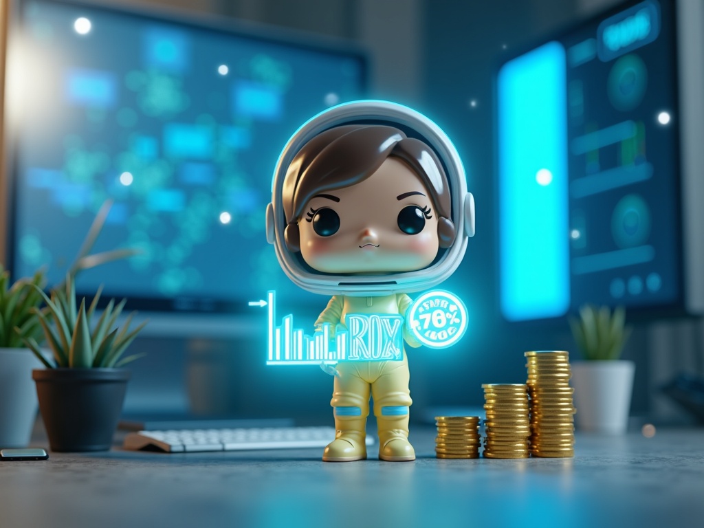 Astronauta chibi Funko Pop in tuta gialla con grafici ROI olografici su scrivania in loft industriale