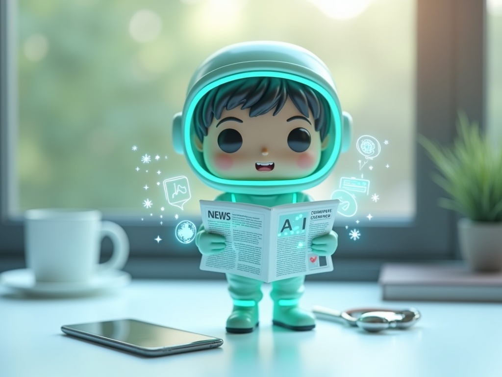 Astronauta chibi Funko Pop verde menta che legge notizie AI olografiche fluttuanti su scrivania startup