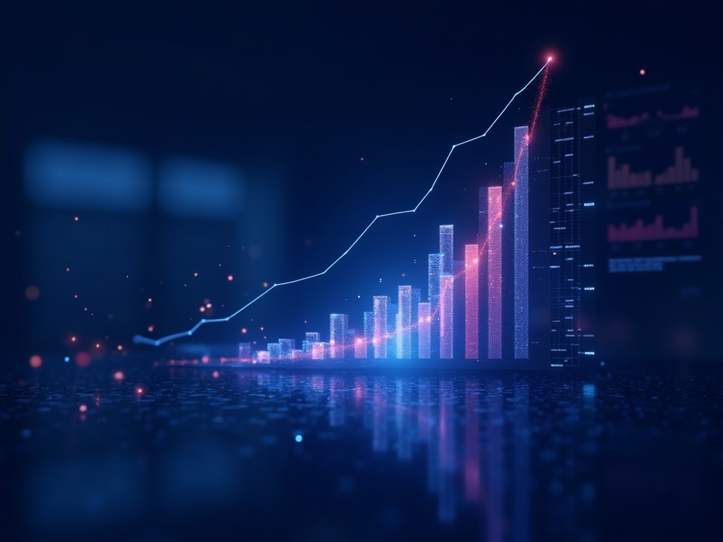 Visualizzazione editoriale di metriche ROI e produttività AI su sfondo navy professionale