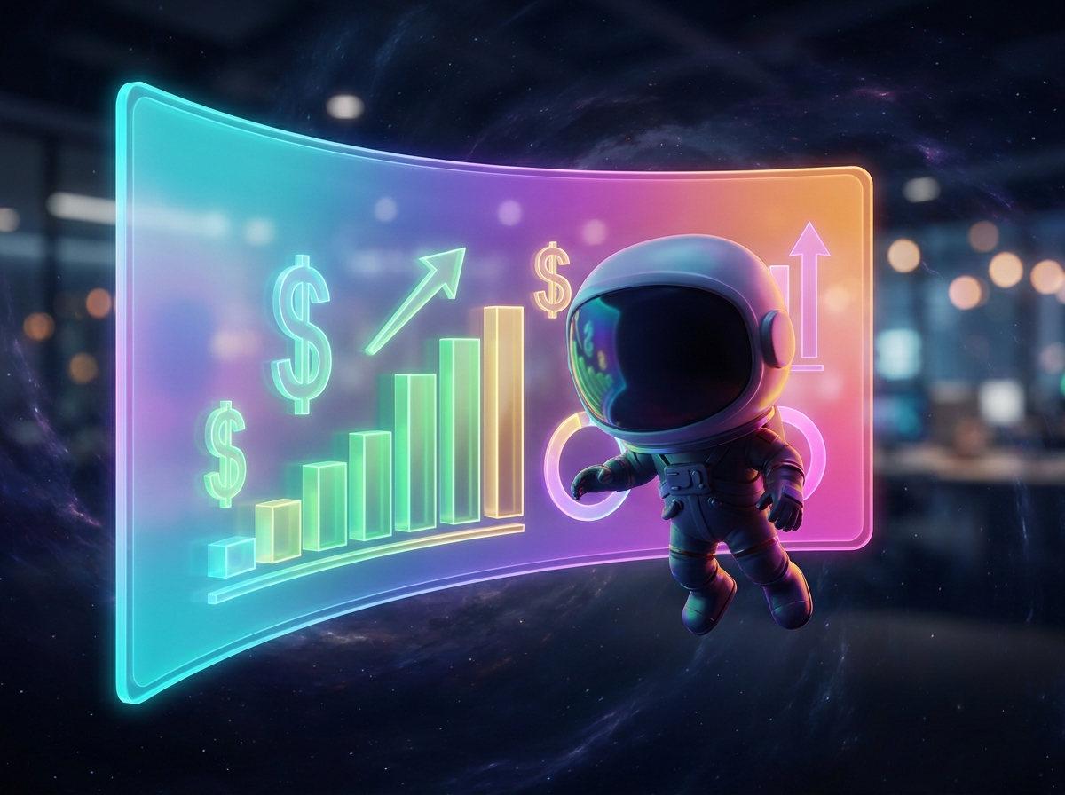 Astronauta Funko Pop di fronte a una dashboard cosmica con grafici di ROI e icone di risparmio