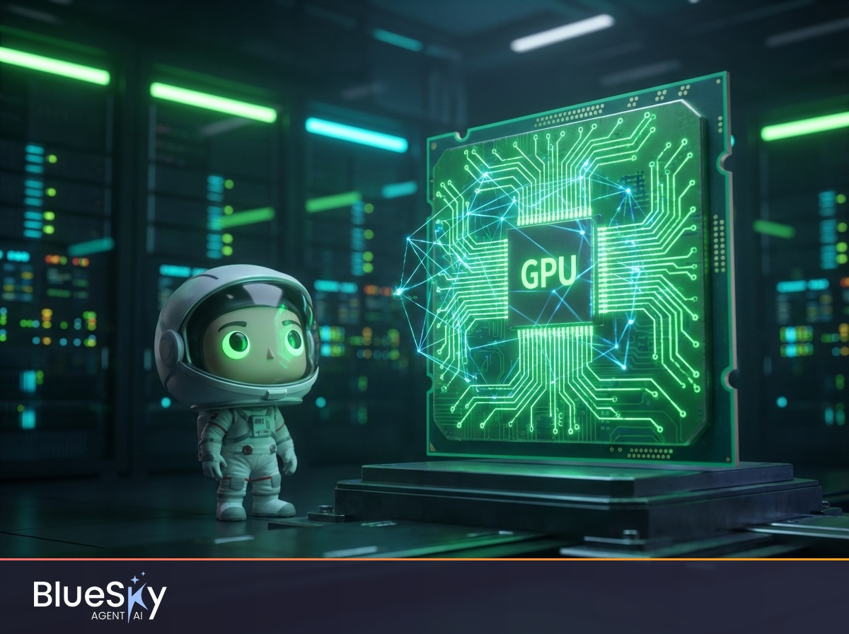 Astronauta chibi 3D Funko Pop accanto a GPU gigante verde in laboratorio tech - NVIDIA Agent Toolkit