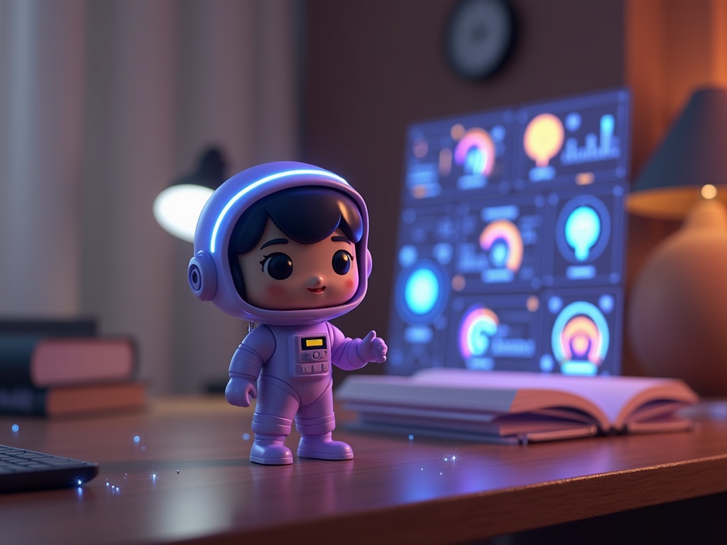 Astronauta cartoon lavanda che osserva entusiasticamente schermi olografici con classifiche di modelli AI