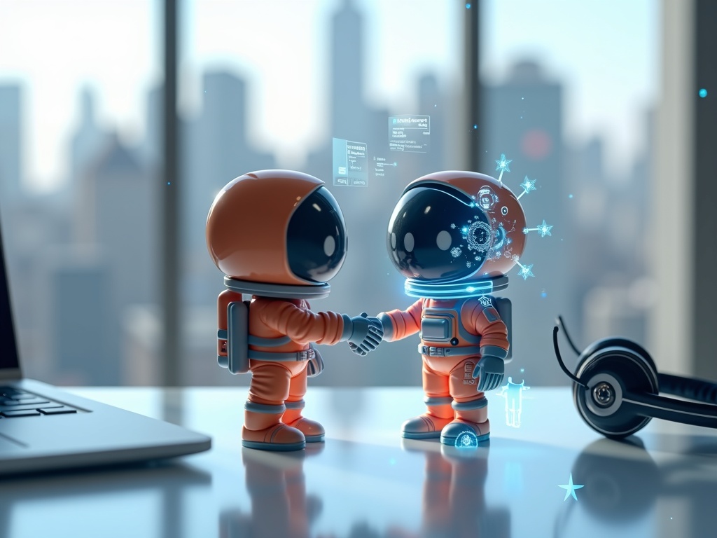 Astronauta cartoon arancione che stringe la mano a una silhouette umana olografica su scrivania startup
