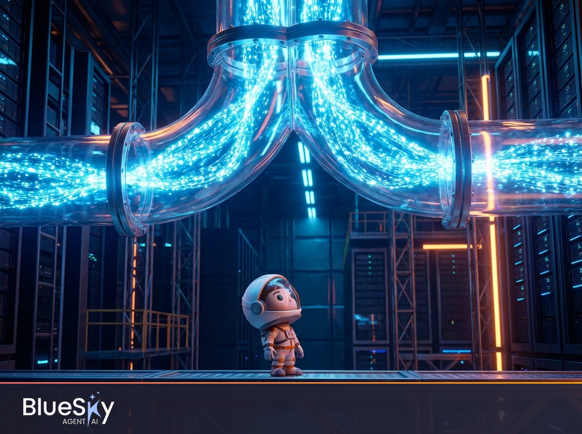 Astronauta chibi 3D Funko Pop tra pipeline di dati blu e arancio - IBM acquisisce Confluent