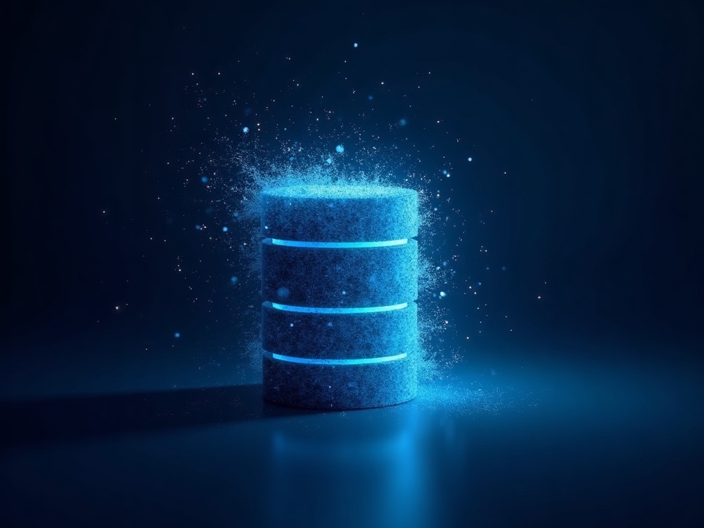 Struttura di database che si dissolve in particelle blu - rappresentazione astratta dell'eliminazione di dati critici
