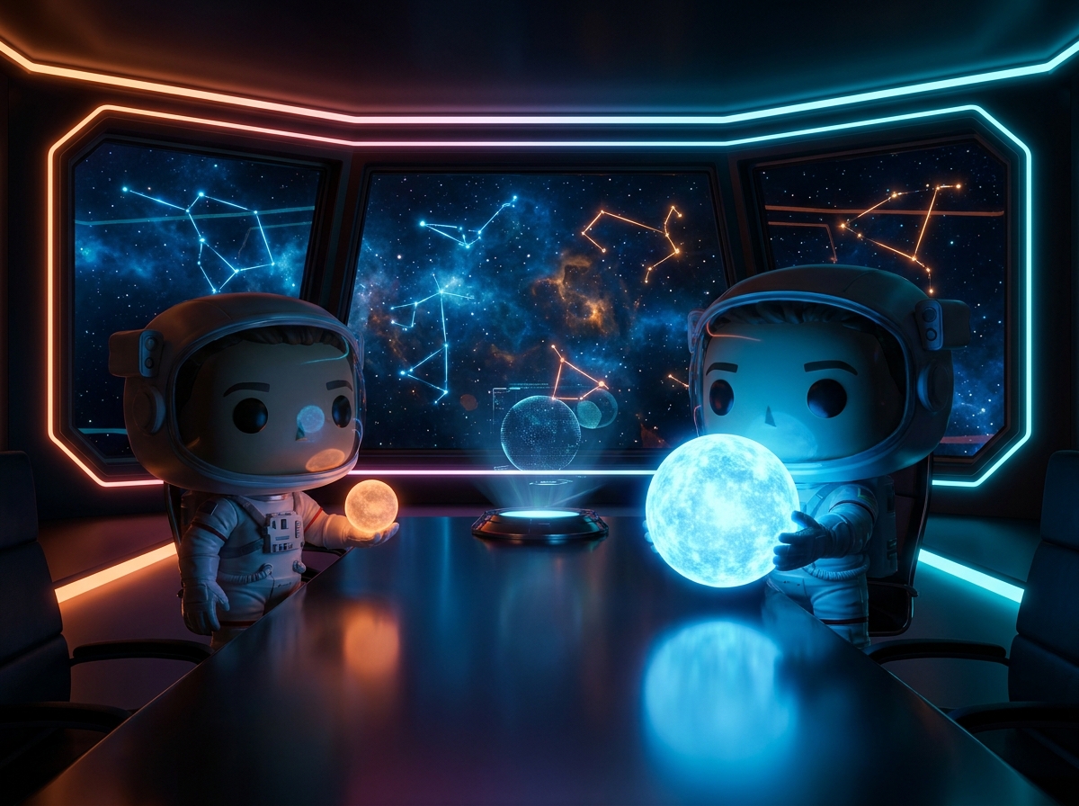 Due astronauti chibi 3D si scambiano sfere luminose in una sala riunioni futuristica - metafora dello shift tra fornitori LLM enterprise