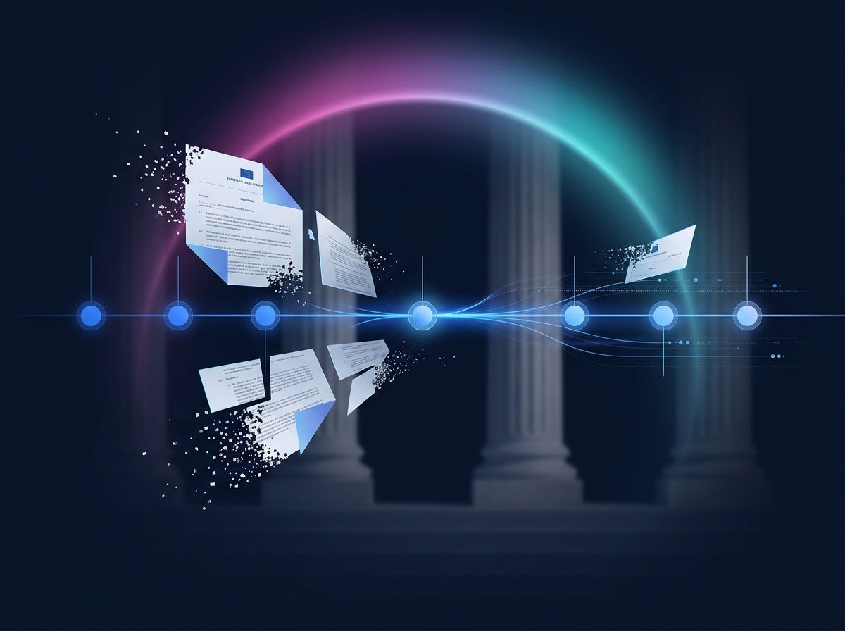 Illustrazione editoriale astratta che rappresenta la regolamentazione AI con documenti digitali e timeline normativa