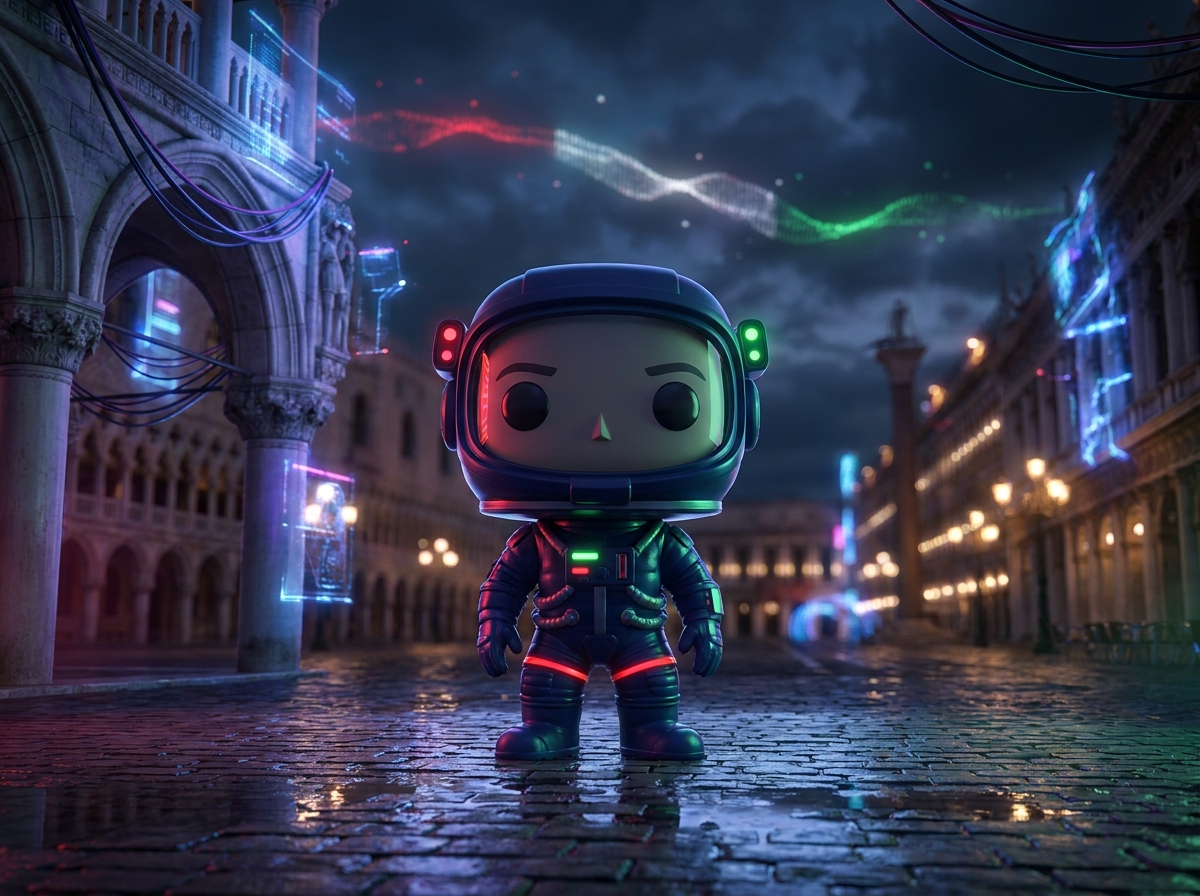 Astronauta chibi in piazza italiana con colonne classiche e ologramma tricolore