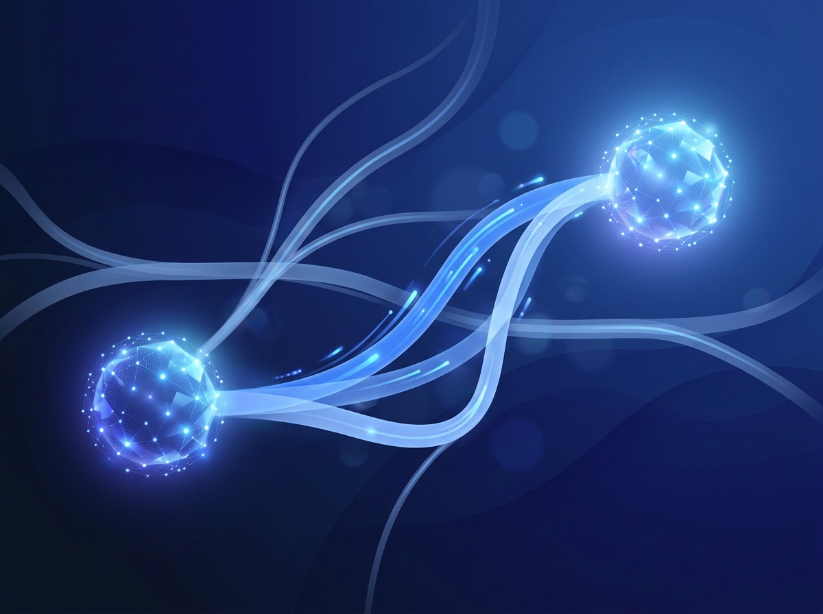 Illustrazione astratta di due nodi luminosi connessi da un percorso di instradamento intelligente, simbolo del routing tra modelli AI