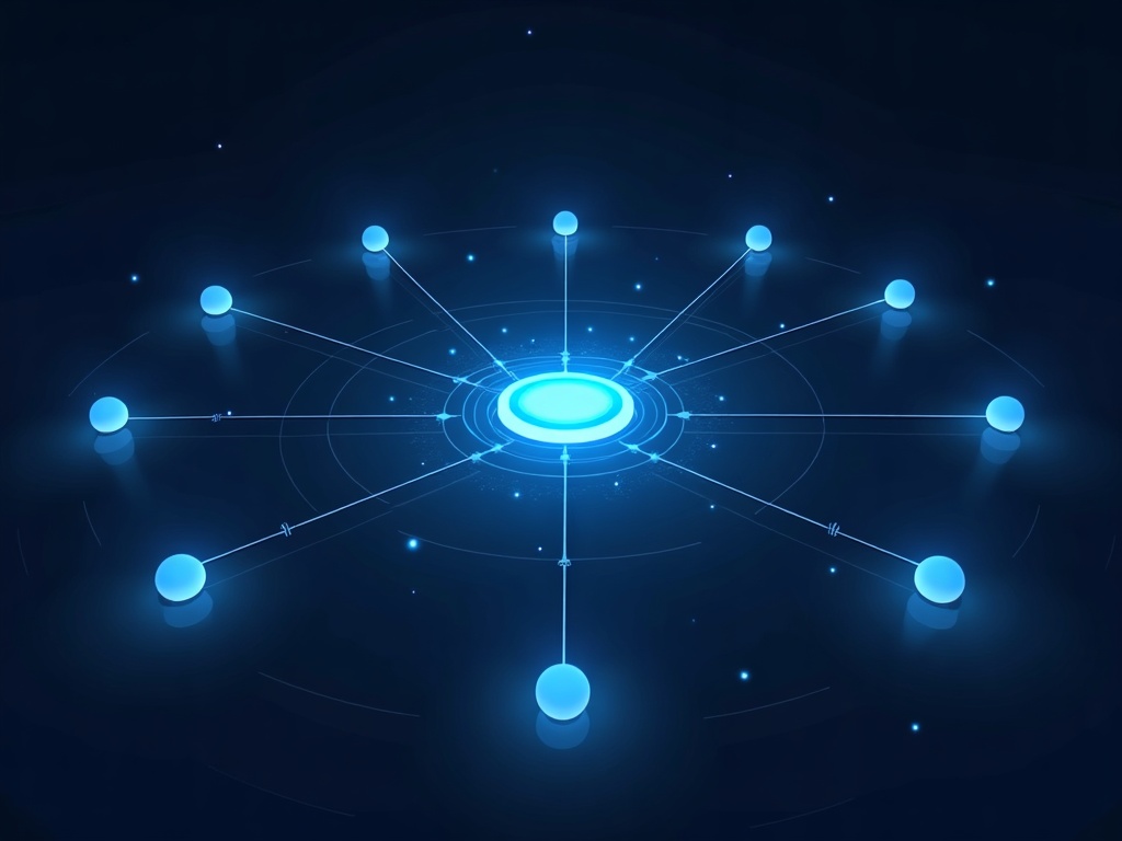 Illustrazione editoriale astratta: un nodo centrale connesso a più modelli AI, che rappresenta il routing multi-modello e la resilienza dello stack AI, su sfondo navy con accento aurora blu