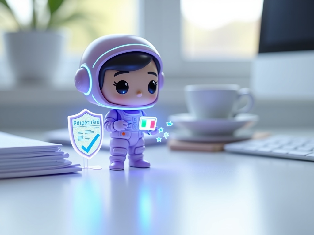 Astronauta Funko Pop chibi con documenti legali e bandiere UE e Italia su scrivania moderna