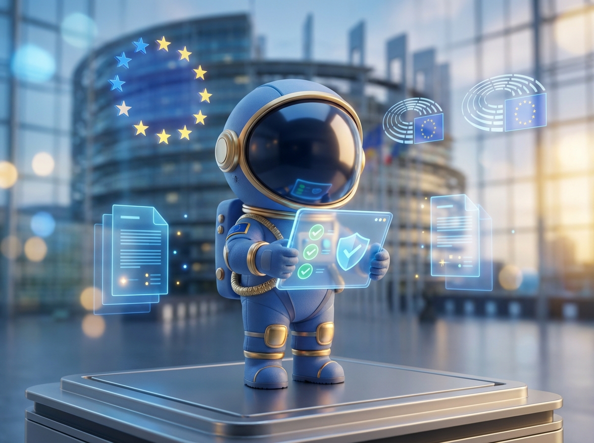 Astronauta 3D chibi BlueSky con tablet di compliance davanti al Parlamento Europeo - AI Act 2026