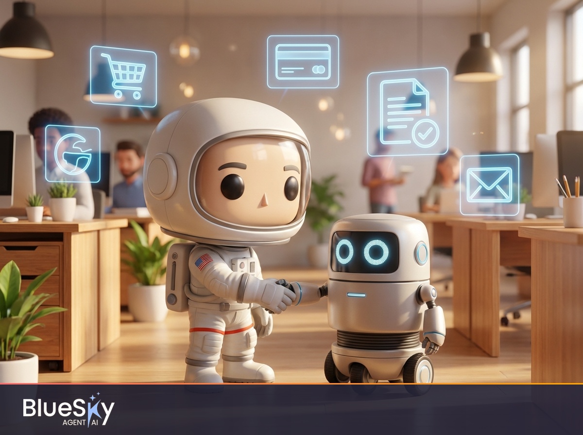 Astronauta chibi 3D Funko Pop stringe la mano a robot assistente in ufficio moderno - AI agentica 2026
