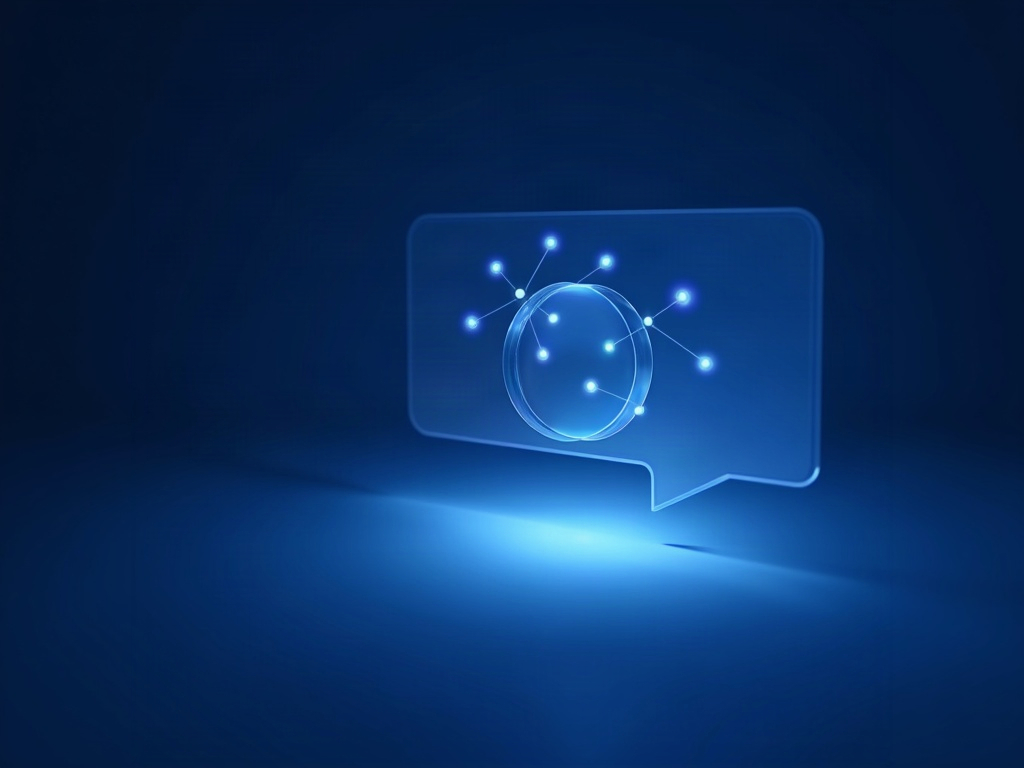 Lente d'ingrandimento in vetro dentro un pannello di conversazione, con una costellazione di nodi collegati che si illumina