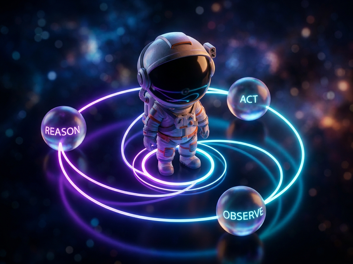 Astronauta chibi 3D al centro di un diagramma circolare con tre sfere luminose orbitanti rappresentanti il loop reason-act-observe