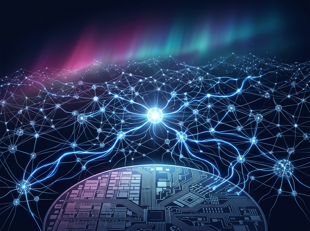 Illustrazione editoriale astratta che visualizza potenza computazionale esponenziale con pattern di wafer silicio che si trasformano in reti neurali cosmiche