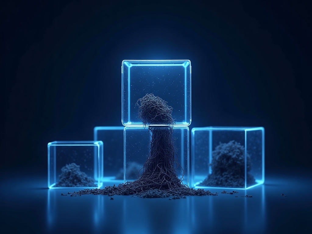 Cubi di vetro modulari sigillati con uno aperto al centro, metafora della supply chain delle competenze degli agenti AI
