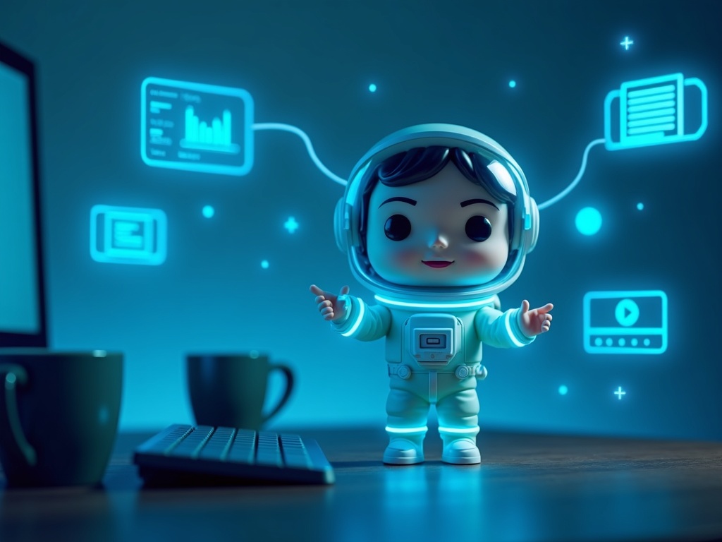 Astronauta Funko Pop che interagisce con pannelli olografici multimodali - testo, immagini, audio e video