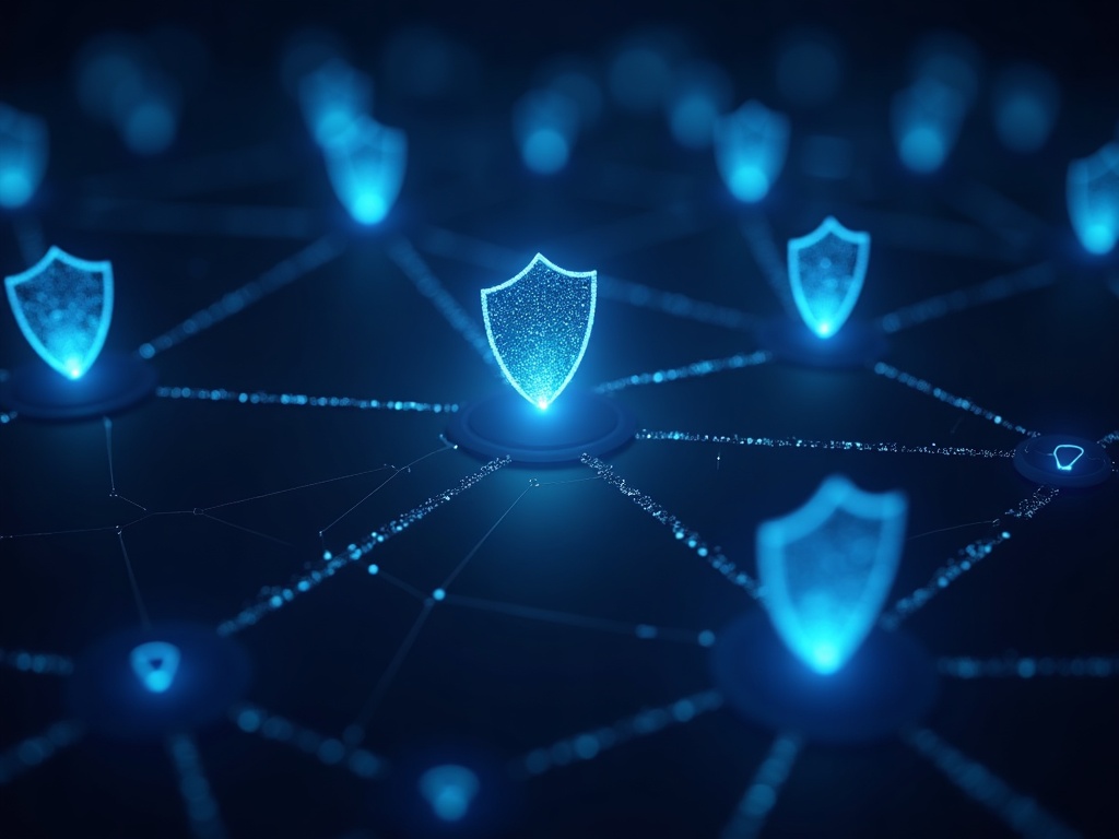 Rete di nodi AI con scudi di sicurezza su sfondo navy, visualizzazione del framework Zero Trust per agenti AI