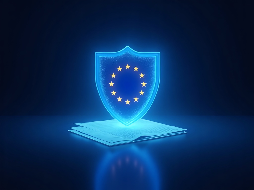 Scudo digitale europeo con stelle UE che irradiano luce blu — simbolo della compliance AI Act