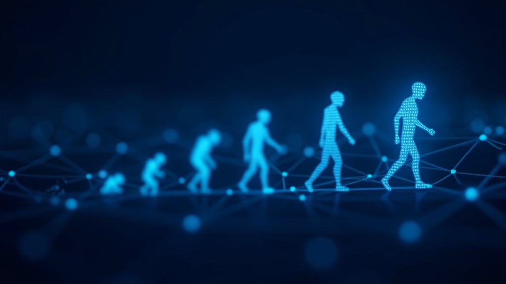 Infografica che mostra l'evoluzione dai processi manuali agli agenti AI con forme geometriche blu su sfondo navy
