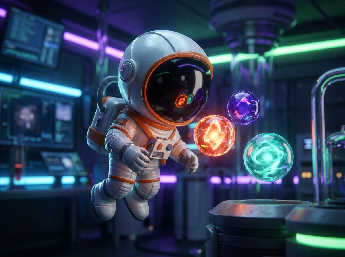 Astronauta chibi 3D confronta tre orbi cristallini di dati fluttuanti color arancio, viola e ciano in un laboratorio futuristico