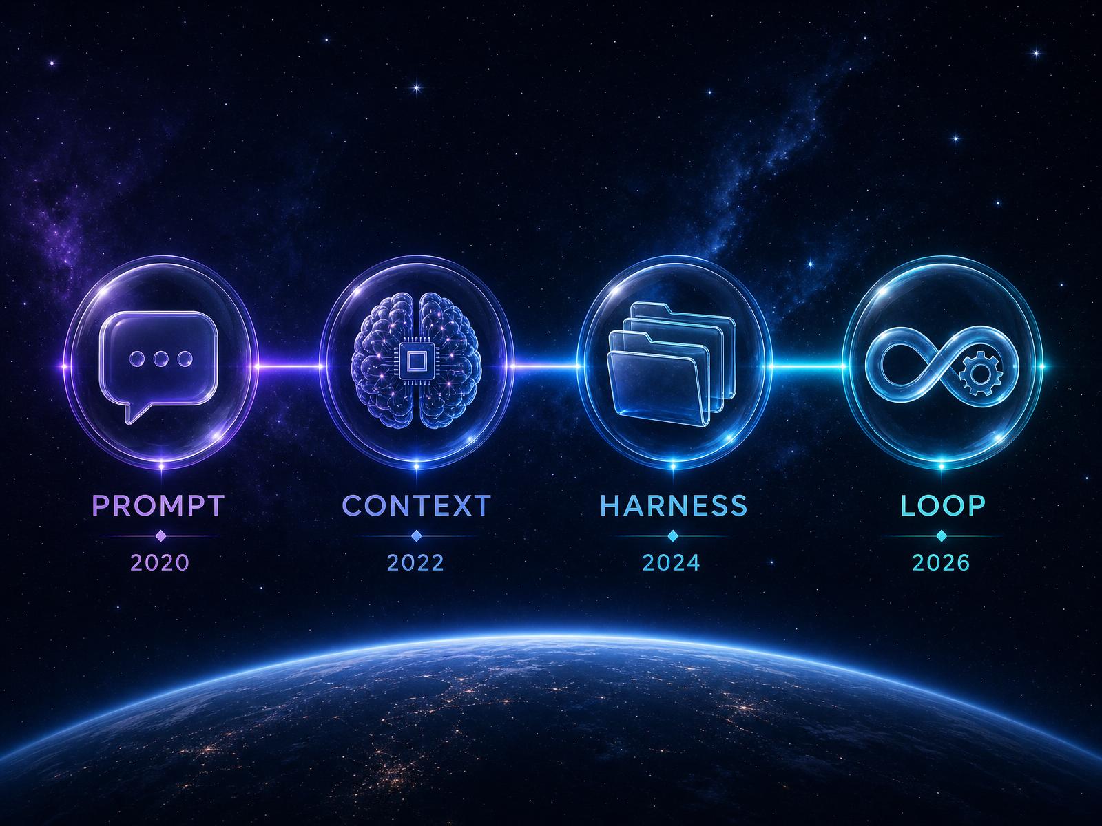 Timeline BlueSky Agent: evoluzione degli agenti AI da Prompt a Context a Harness a Loop Engineering